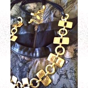 Chico's Exquisite Gold Chunky Long necklace w black leather cord & gold clasp